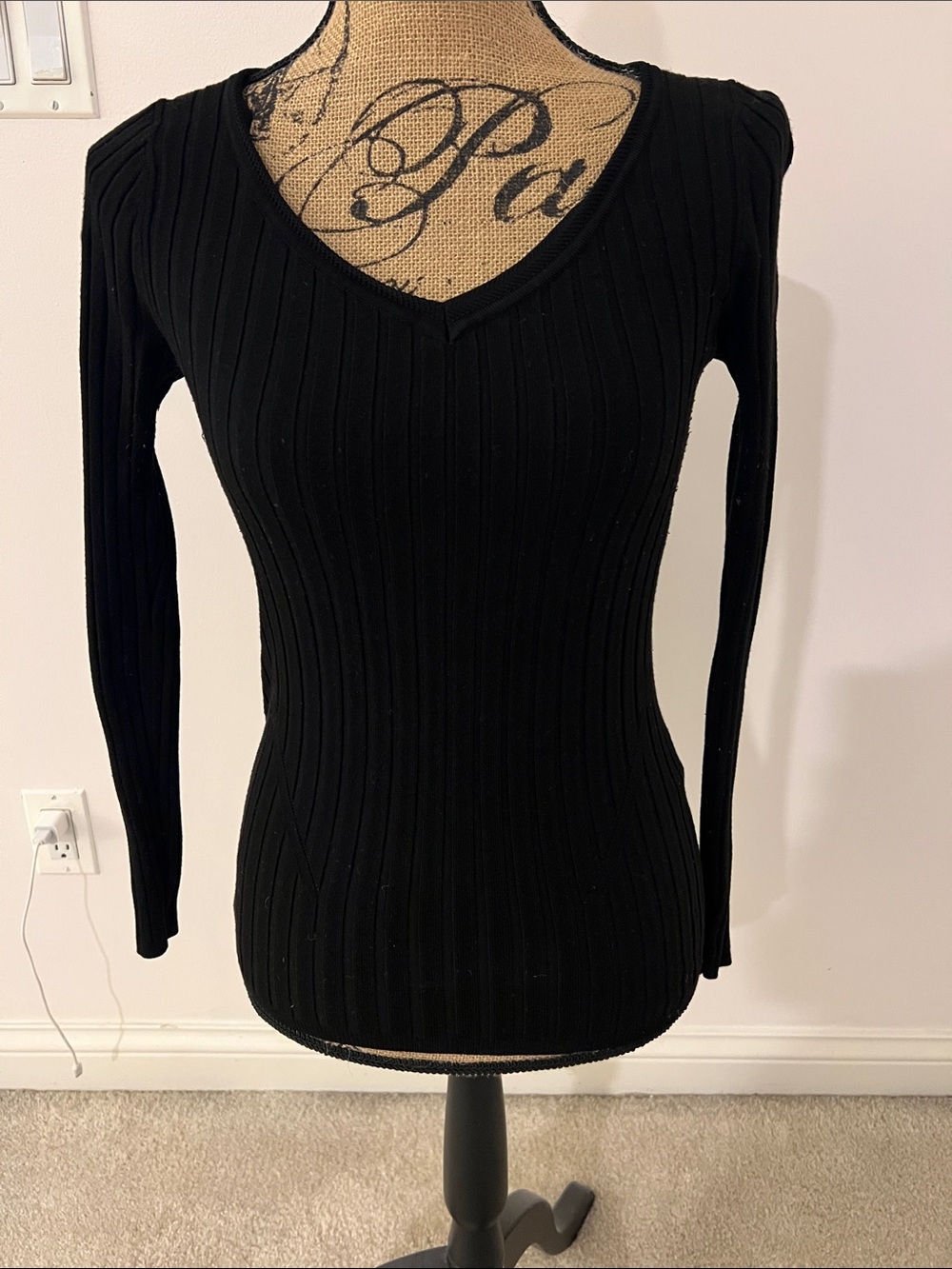 White House Black Market Black Ribbed V-Neck Long Sleeve Top